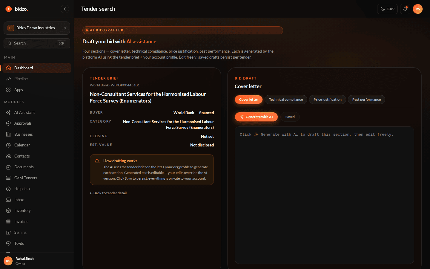 AI bid drafting screenshot